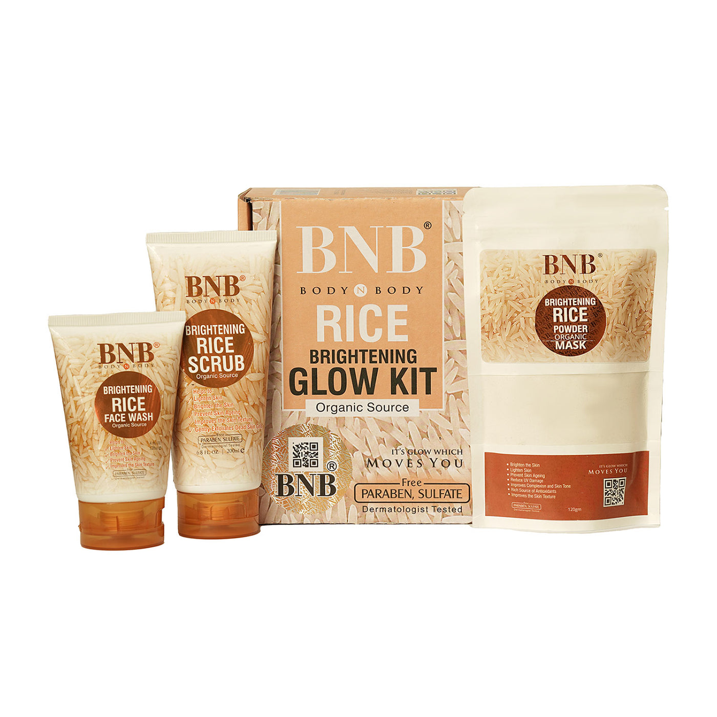 BNB 3 In 1 Rice Extract & Glow Kit - Rice Face Wash + Rice Scrub + Rice Face Mask